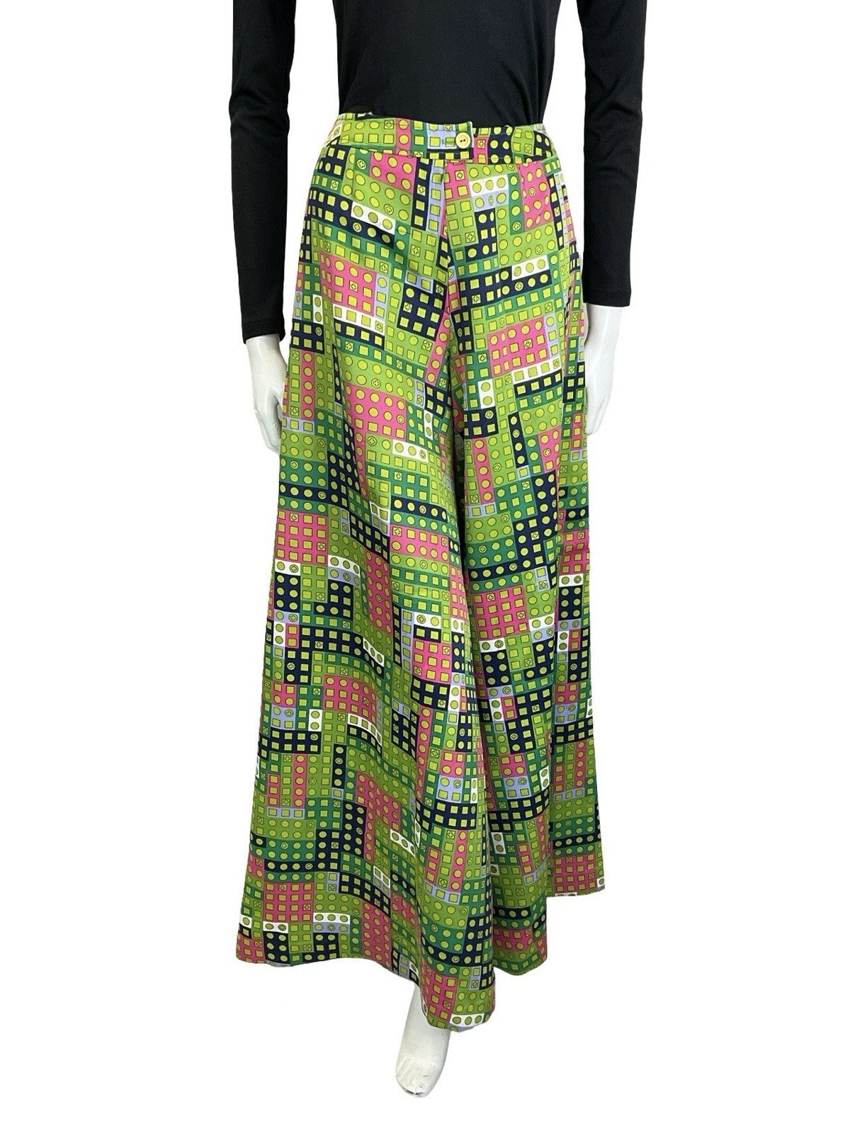 VTG 60S 70S GREEN PINK WHITE BLUE GEOMETRIC DOT PALAZZO PANTS TROUSERS 4 6