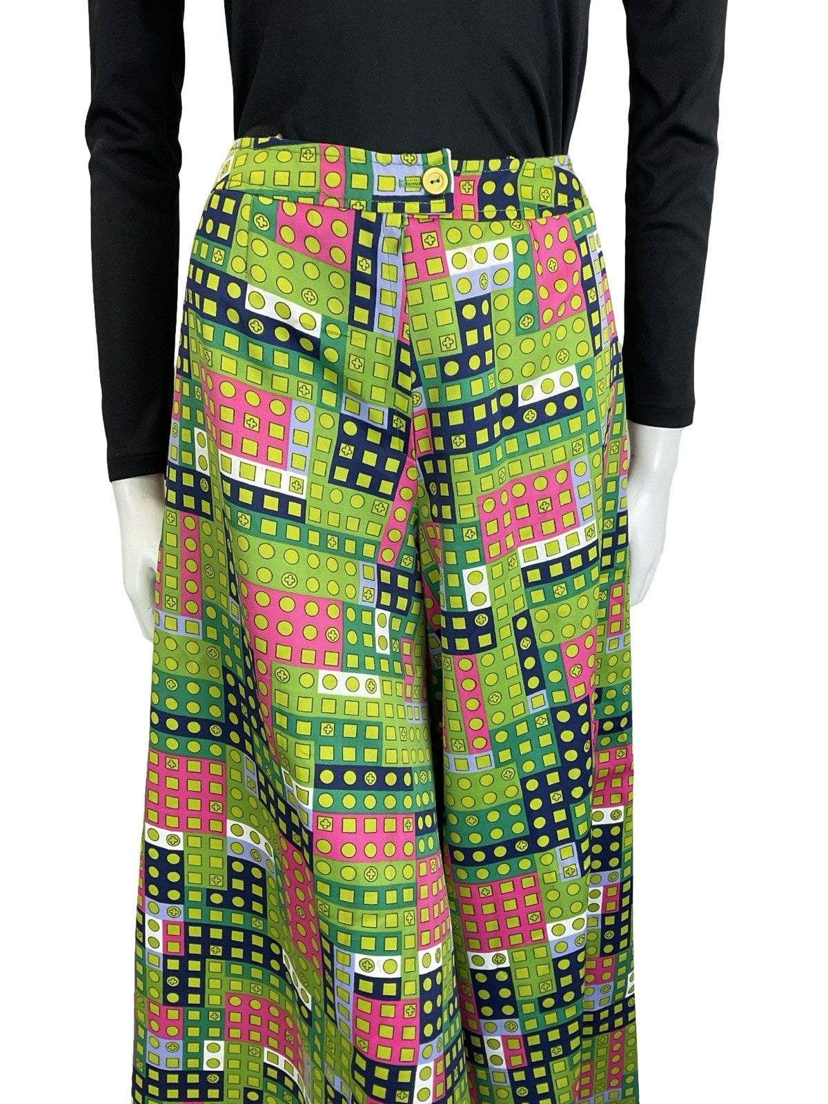 VTG 60S 70S GREEN PINK WHITE BLUE GEOMETRIC DOT PALAZZO PANTS TROUSERS 4 6