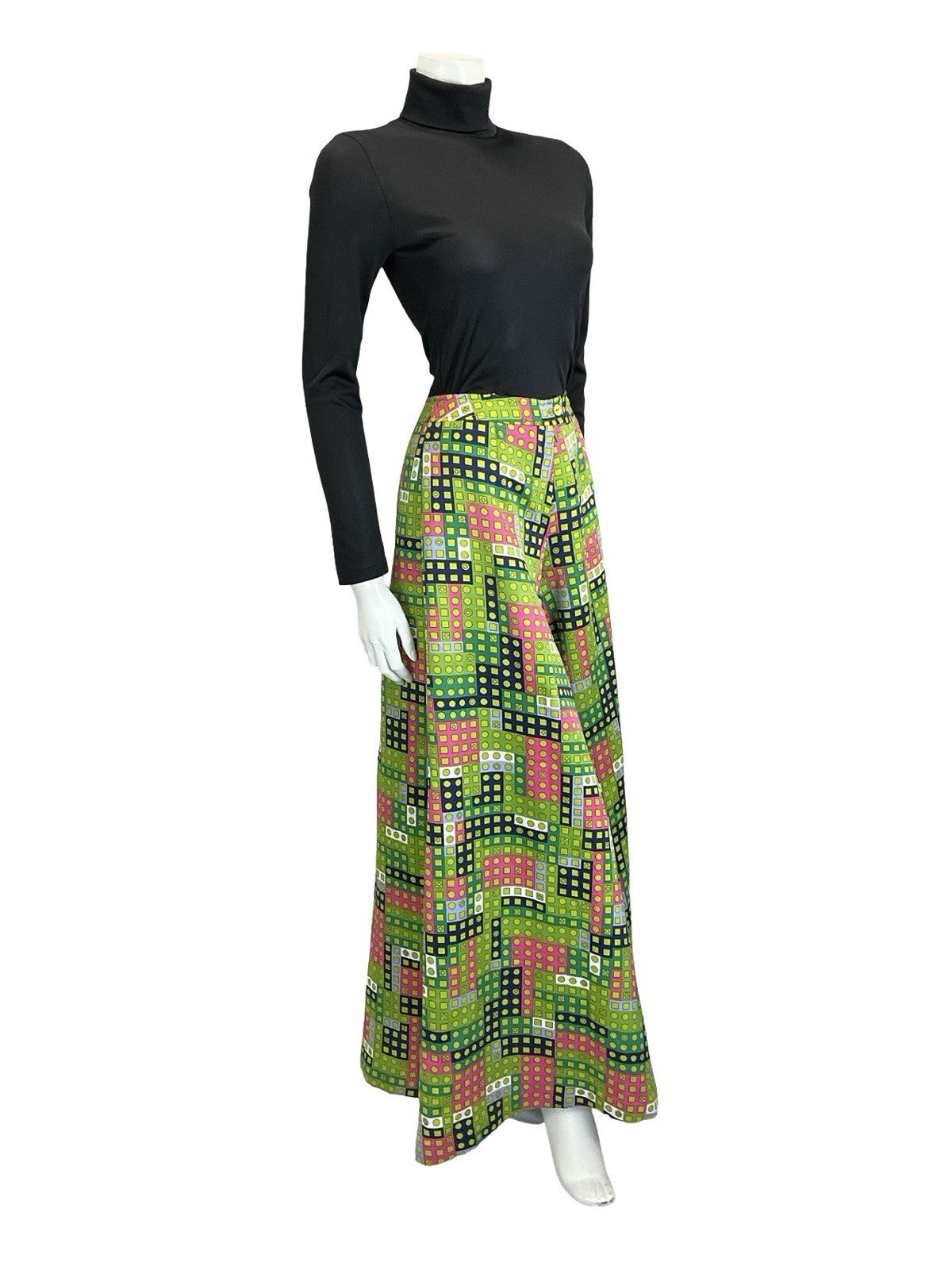 VTG 60S 70S GREEN PINK WHITE BLUE GEOMETRIC DOT PALAZZO PANTS TROUSERS 4 6
