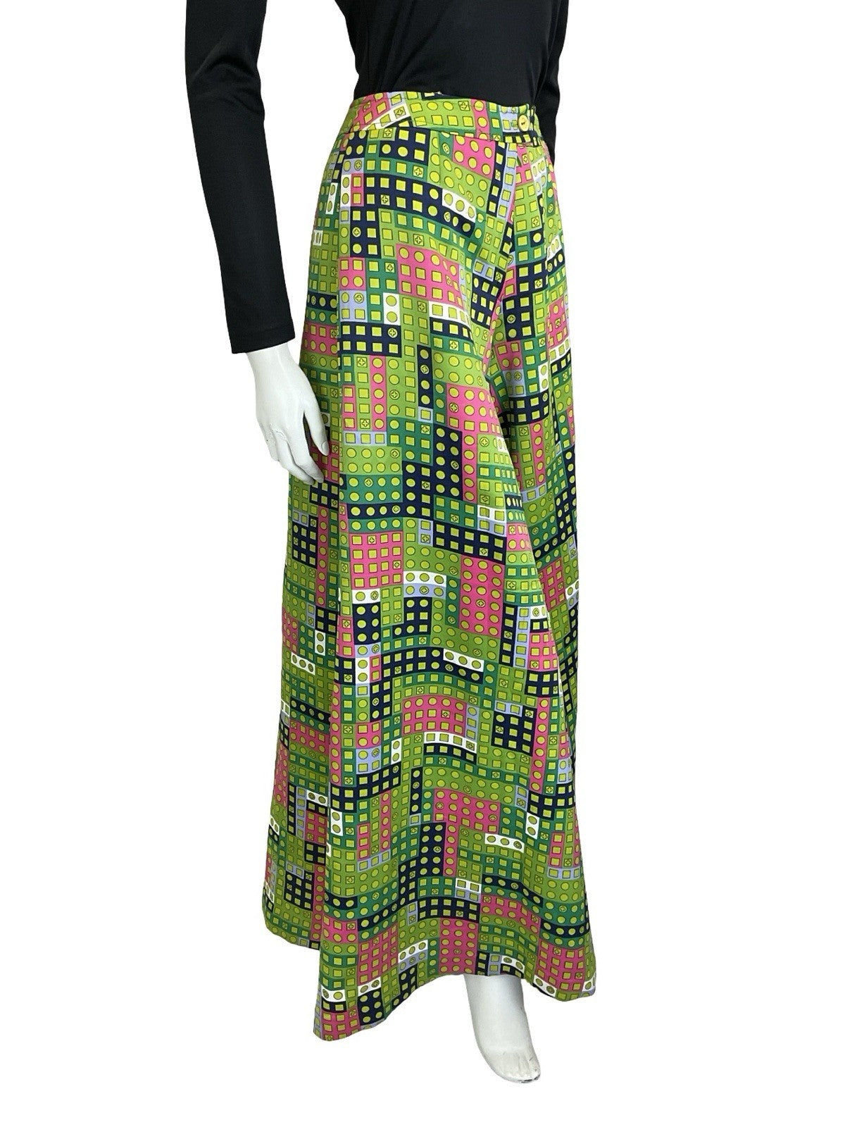 VTG 60S 70S GREEN PINK WHITE BLUE GEOMETRIC DOT PALAZZO PANTS TROUSERS 4 6