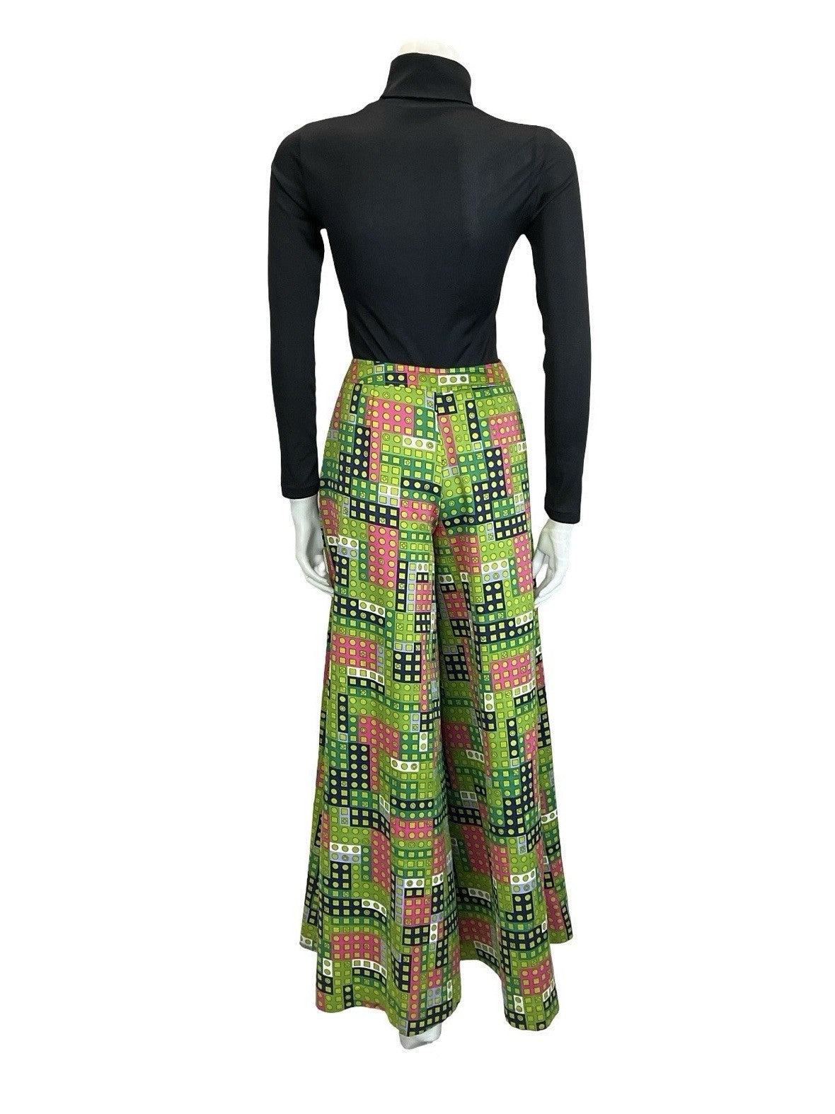 VTG 60S 70S GREEN PINK WHITE BLUE GEOMETRIC DOT PALAZZO PANTS TROUSERS 4 6