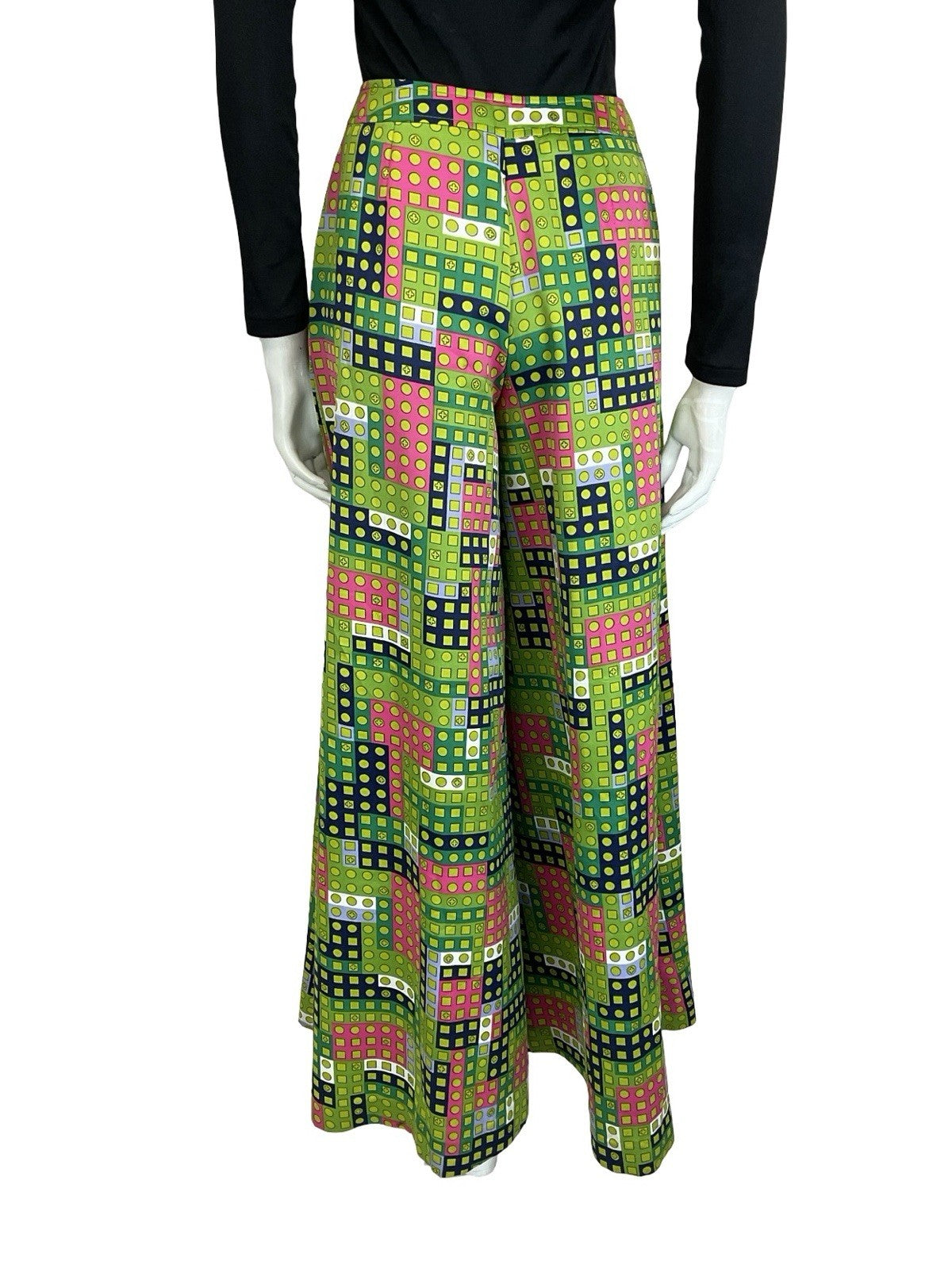 VTG 60S 70S GREEN PINK WHITE BLUE GEOMETRIC DOT PALAZZO PANTS TROUSERS 4 6