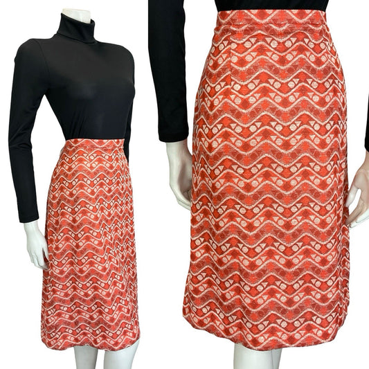 VTG 60S 70S ORANGE WHITE GEOMETRIC ZIG ZAG DOT TRIANGLE PENCIL MIDI SKIRT 14