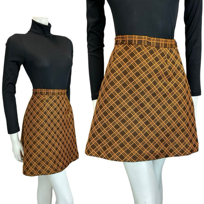 VTG 60S 70S ORANGE BROWN MOD PREPPY A LINE CHECKED PLAID MINI SKIRT 4