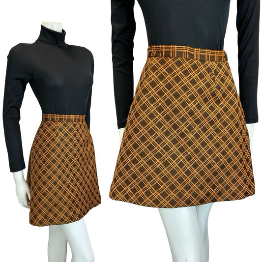 VTG 60S 70S ORANGE BROWN MOD PREPPY A LINE CHECKED PLAID MINI SKIRT 4