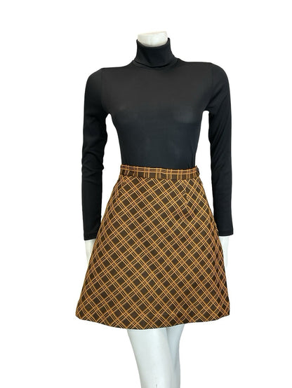 VTG 60S 70S ORANGE BROWN MOD PREPPY A LINE CHECKED PLAID MINI SKIRT 4