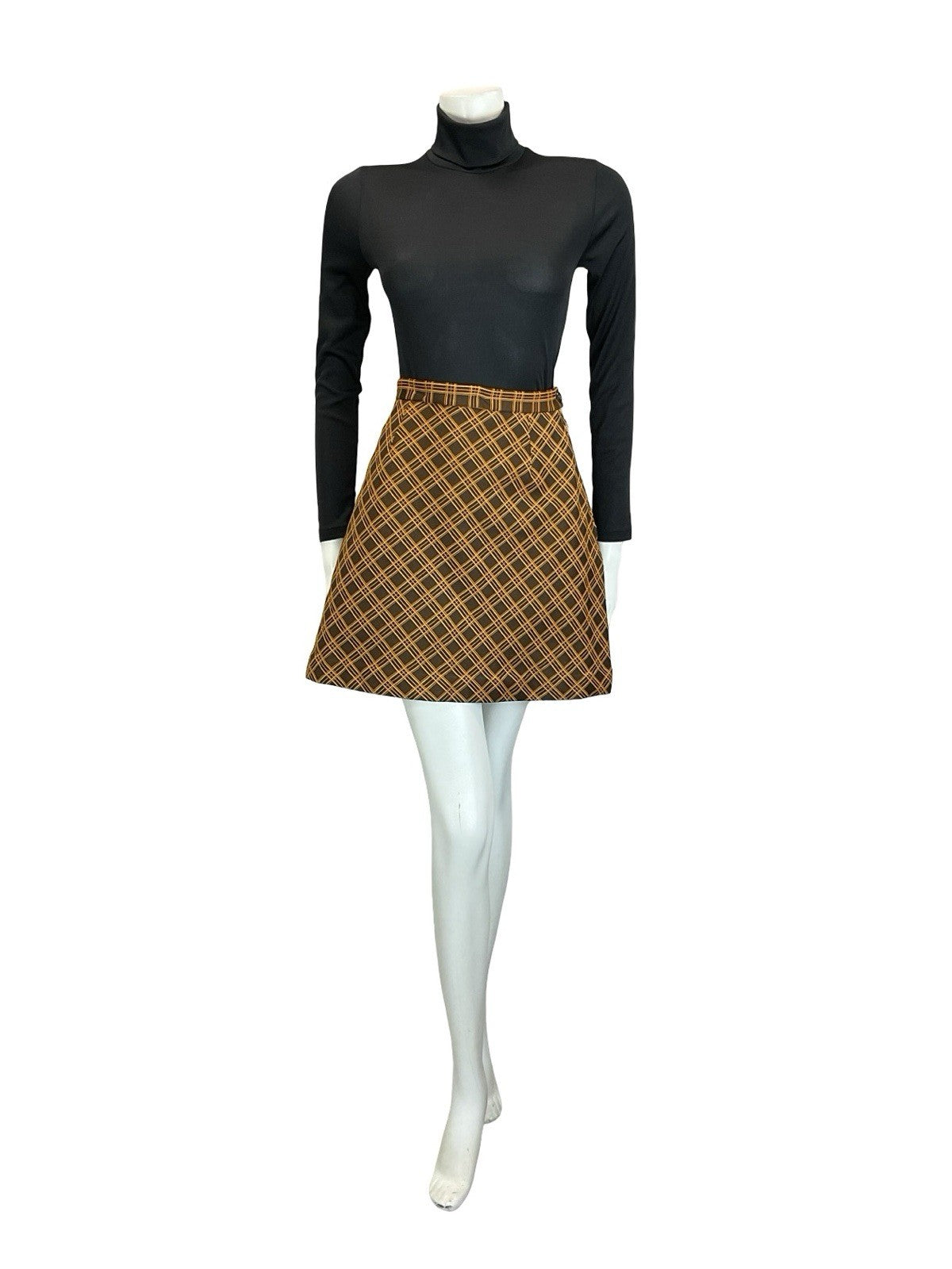 VTG 60S 70S ORANGE BROWN MOD PREPPY A LINE CHECKED PLAID MINI SKIRT 4