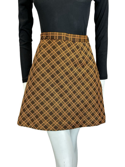 VTG 60S 70S ORANGE BROWN MOD PREPPY A LINE CHECKED PLAID MINI SKIRT 4
