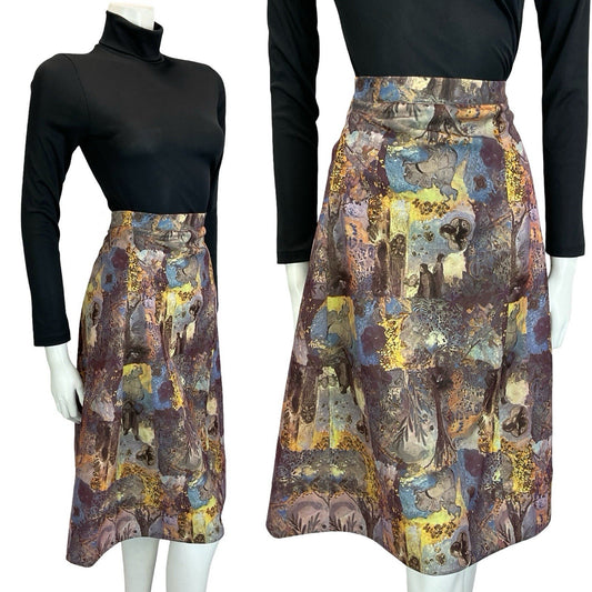 VTG 60S 70S PURPLE BROWN YELLOW MEDIEVAL MONK HORSE TREES MIDI SKIRT 16