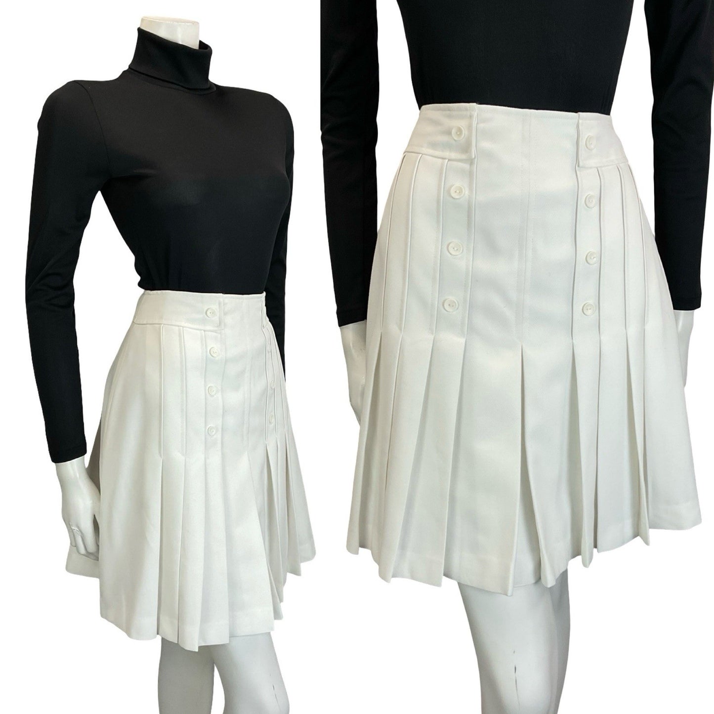 VTG 60S 70S WHITE PLEATED MOD PREPPY DOUBLE BREASTED MINI SKIRT XS 6