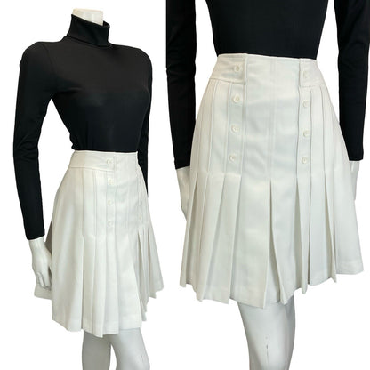 VTG 60S 70S WHITE PLEATED MOD PREPPY DOUBLE BREASTED MINI SKIRT XS 6