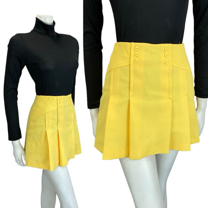 VTG 60S 70S PASTEL YELLOW DOUBLE BREASTED PLEATED MOD GOGO MINI SKIRT XS 6