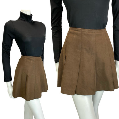 VTG 60S 70S BROWN MOD BOHO WOOL FLARE PLEATED A LINE MINI SKIRT XS 6