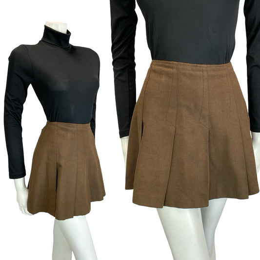 VTG 60S 70S BROWN MOD BOHO WOOL FLARE PLEATED A LINE MINI SKIRT XS 6