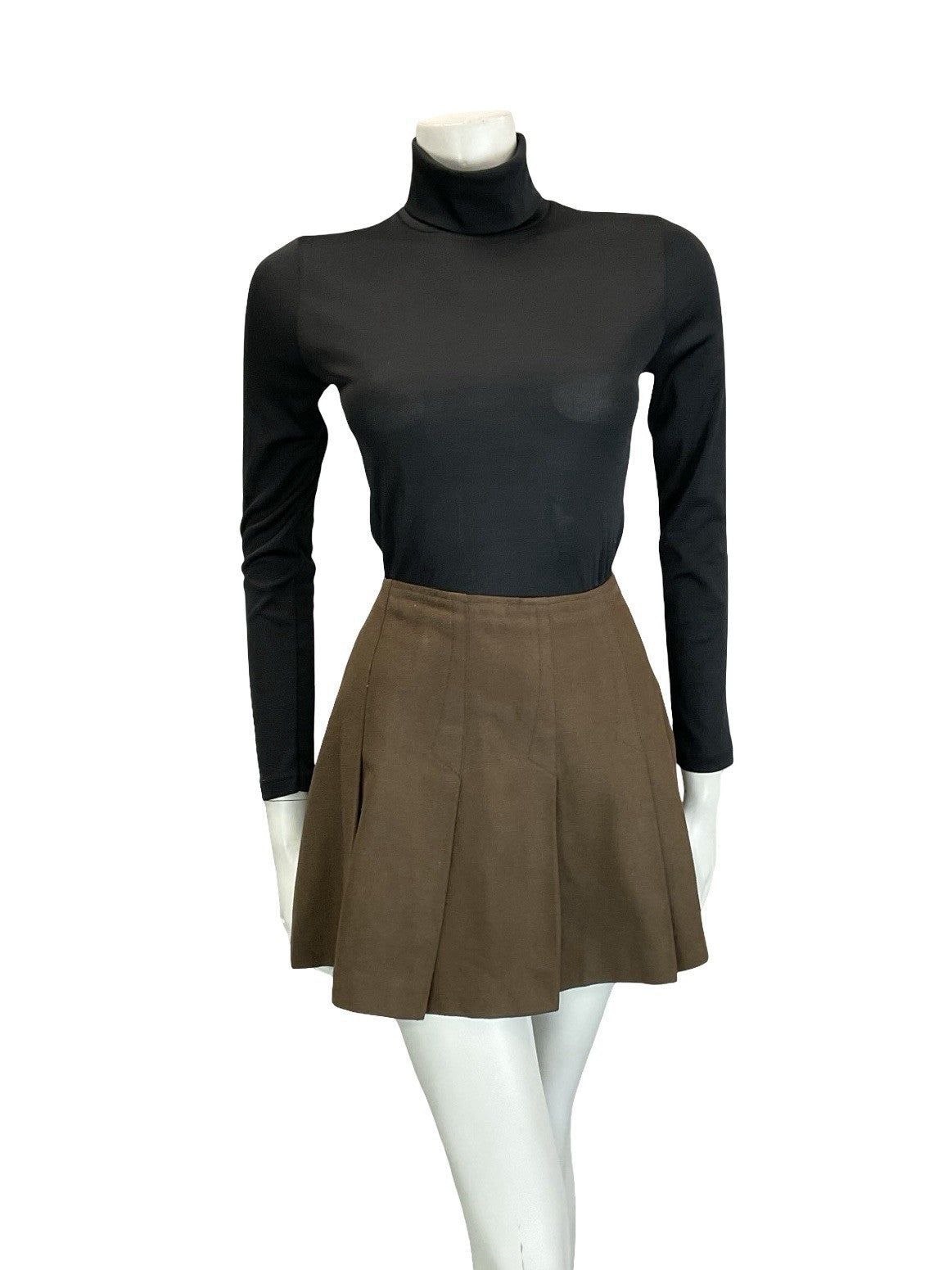 VTG 60S 70S BROWN MOD BOHO WOOL FLARE PLEATED A LINE MINI SKIRT XS 6