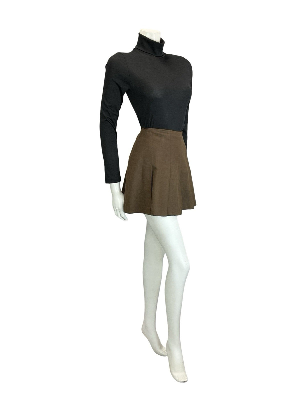 VTG 60S 70S BROWN MOD BOHO WOOL FLARE PLEATED A LINE MINI SKIRT XS 6