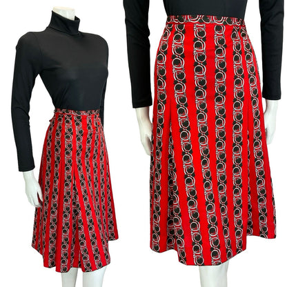 VTG 60S 70S RED BLACK WHTIE PSYCHEDELIC ART NOUVEAU STRIPE PLEATED MIDI SKIRT 12
