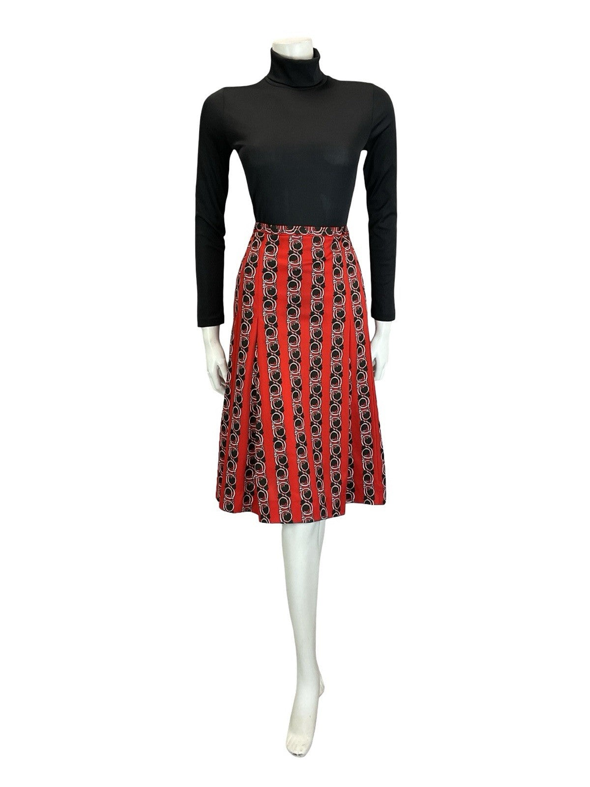 VTG 60S 70S RED BLACK WHTIE PSYCHEDELIC ART NOUVEAU STRIPE PLEATED MIDI SKIRT 12