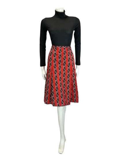 VTG 60S 70S RED BLACK WHTIE PSYCHEDELIC ART NOUVEAU STRIPE PLEATED MIDI SKIRT 12