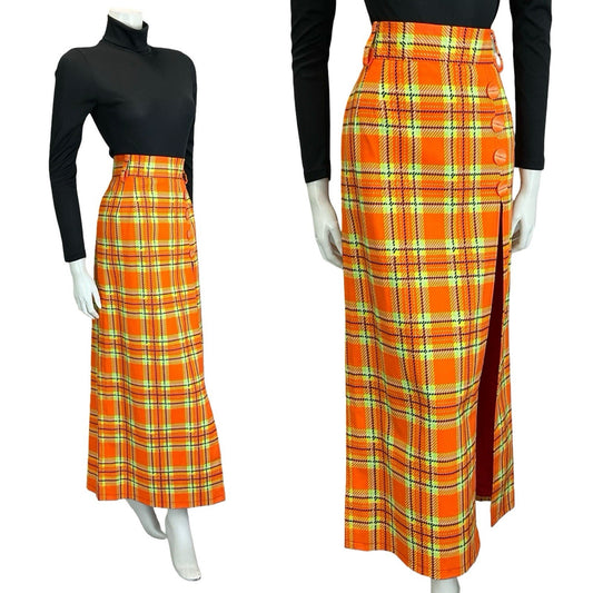 VTG 60S 70S PUNK BRIGHT ORANGE GREEN BLACK PLAID CHECKED MAXI SKIRT W/ SLIT 14