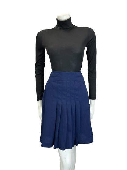 VTG 60S 70S NAVY BLUE PLEATED MOD PREPPY SECRETARY MINI SKIRT 12