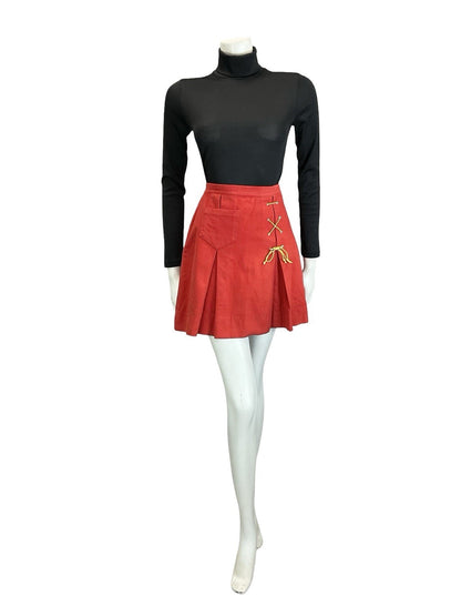VTG 60S 70S RED WOOL FELT RIC RAC MEDIEVAL PLEATED YELLOW LACE UP MINI SKIRT 4