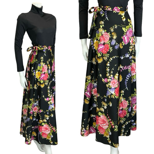 VTG 60S 70S BLACK GREEN PINK PURPLE YELLOW FLORAL WRAP MAXI SKIRT 8 10 12 14