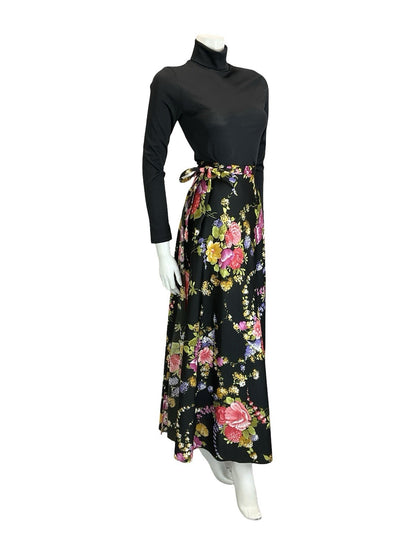 VTG 60S 70S BLACK GREEN PINK PURPLE YELLOW FLORAL WRAP MAXI SKIRT 8 10 12 14