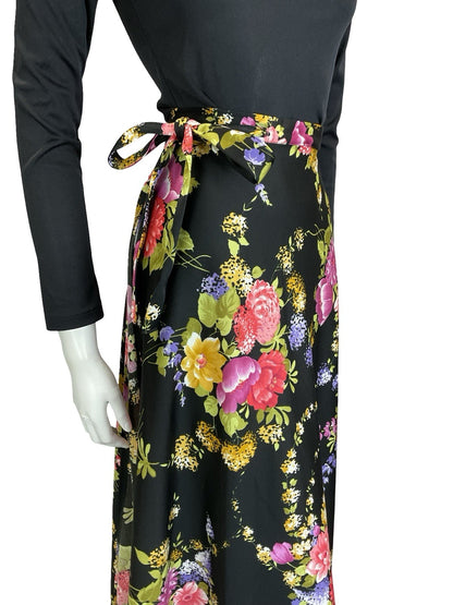 VTG 60S 70S BLACK GREEN PINK PURPLE YELLOW FLORAL WRAP MAXI SKIRT 8 10 12 14