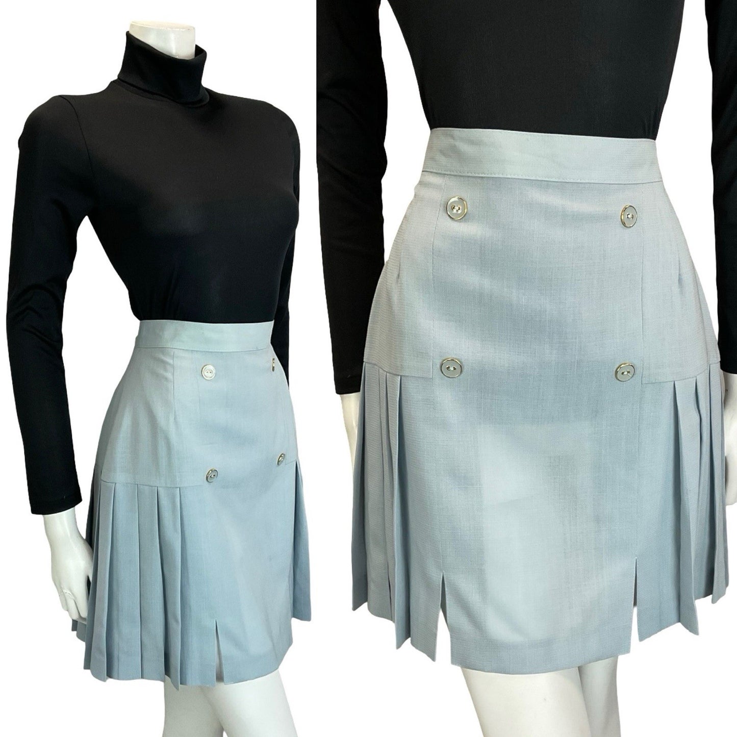 VTG 60S DUCK EGG BLUE MOD TAILORED DOUBLE BREASTED PLEATED MINI SKIRT S 8 10