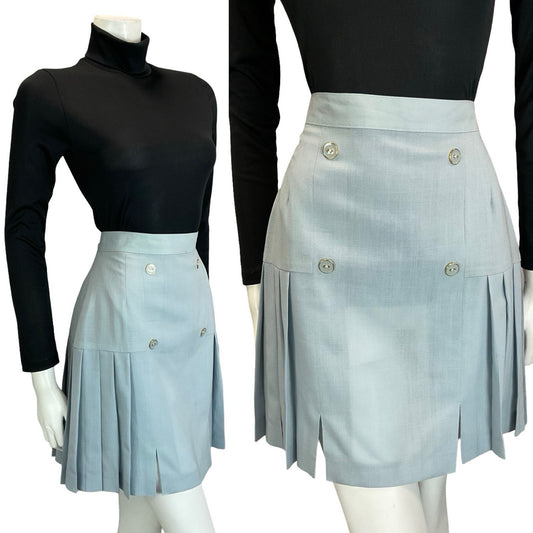 VTG 60S DUCK EGG BLUE MOD TAILORED DOUBLE BREASTED PLEATED MINI SKIRT S 8 10