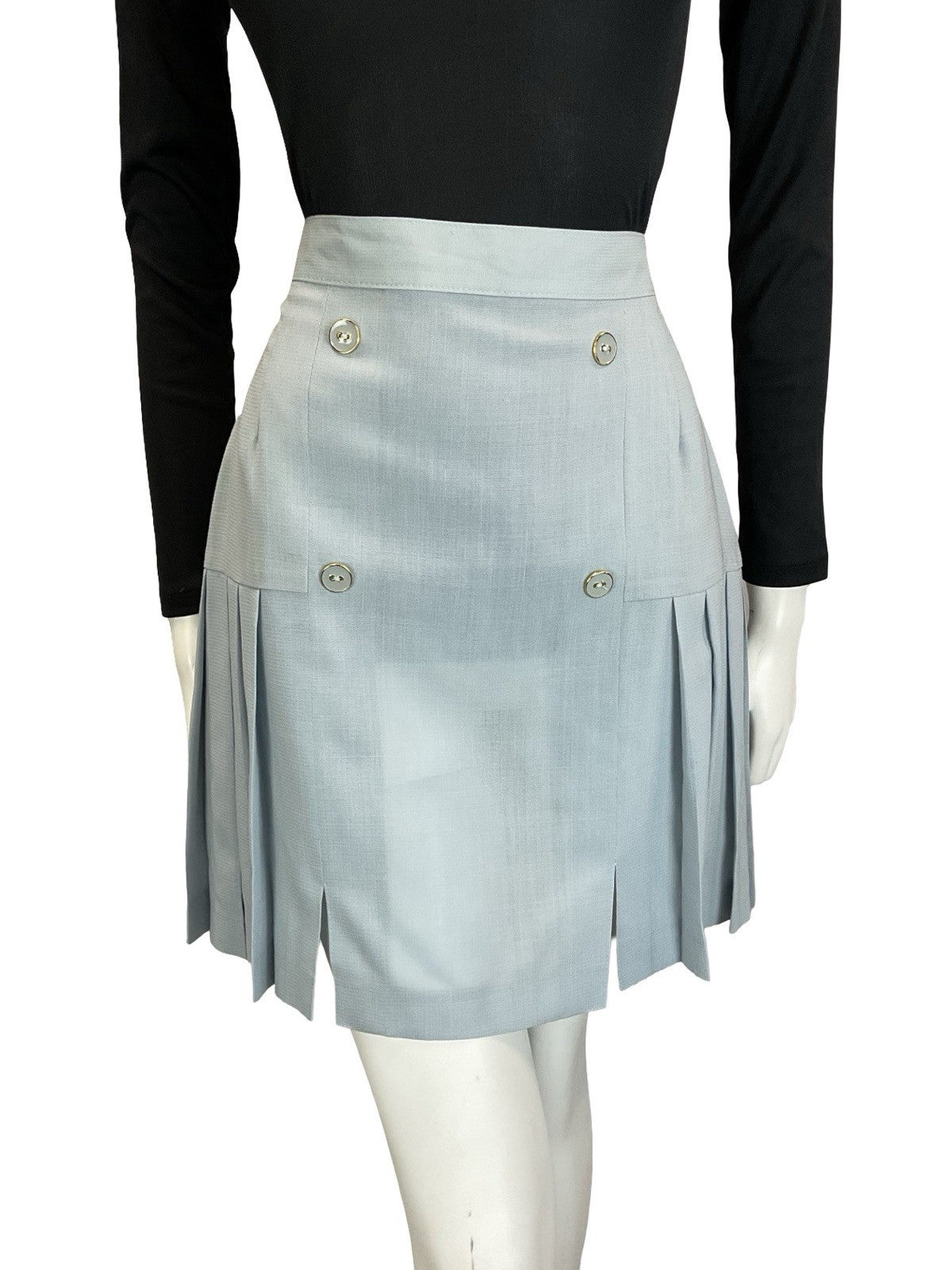VTG 60S DUCK EGG BLUE MOD TAILORED DOUBLE BREASTED PLEATED MINI SKIRT S 8 10