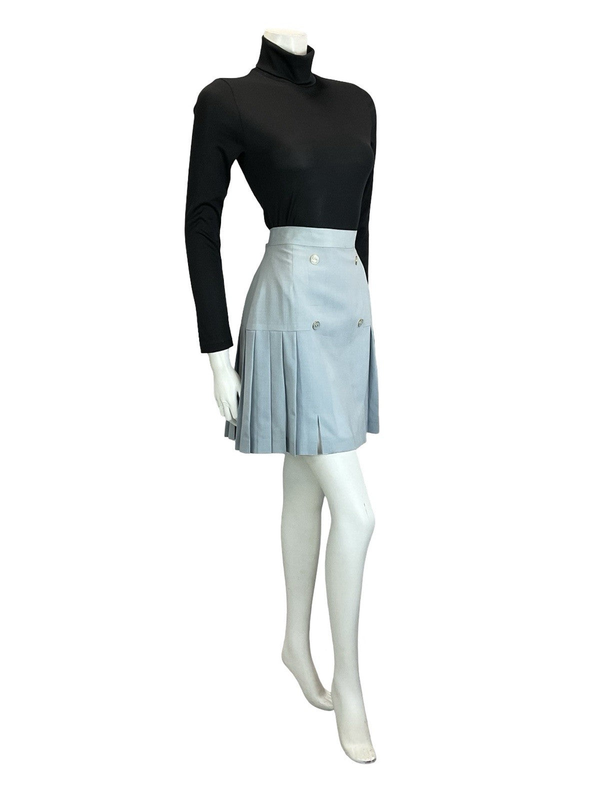VTG 60S DUCK EGG BLUE MOD TAILORED DOUBLE BREASTED PLEATED MINI SKIRT S 8 10