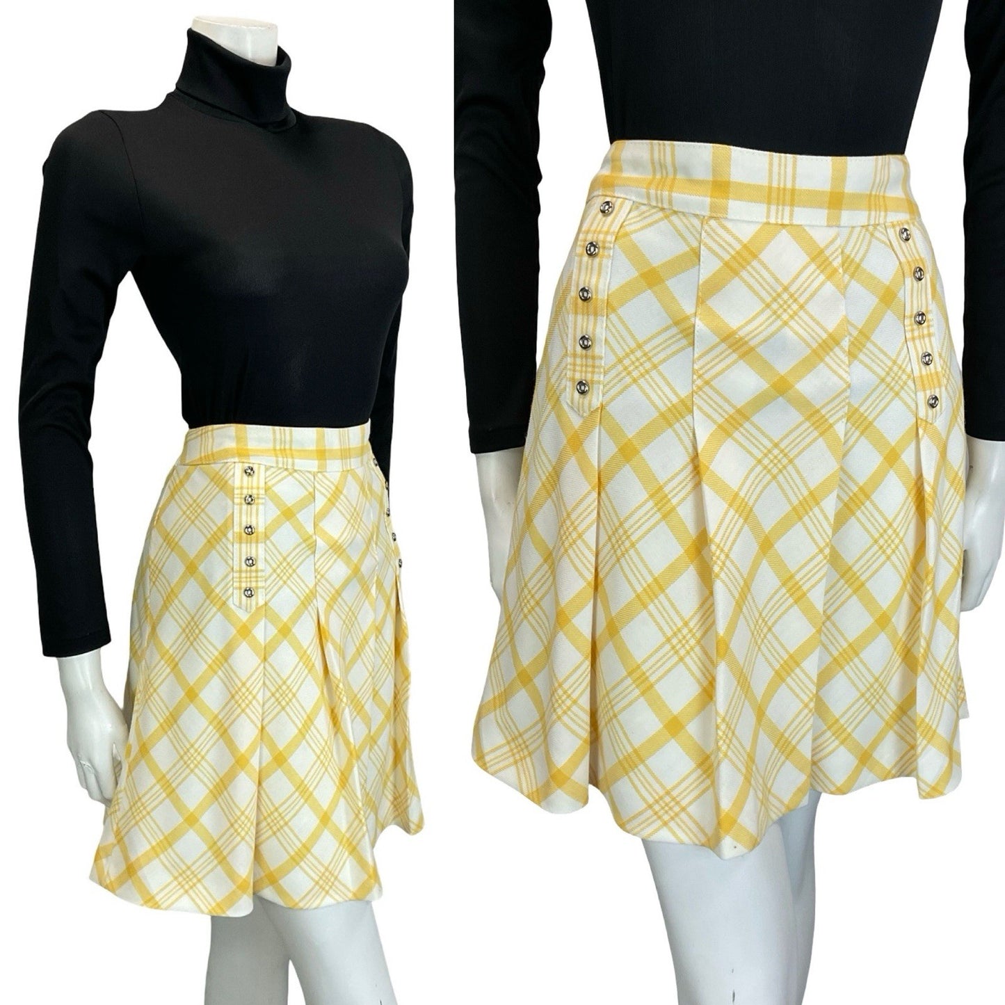 VTG 60S 70S WHITE YELLOW PLEATED SILVER DOUBLE BREAST SECRETARY MINI SKIRT 10