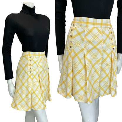 VTG 60S 70S WHITE YELLOW PLEATED SILVER DOUBLE BREAST SECRETARY MINI SKIRT 10