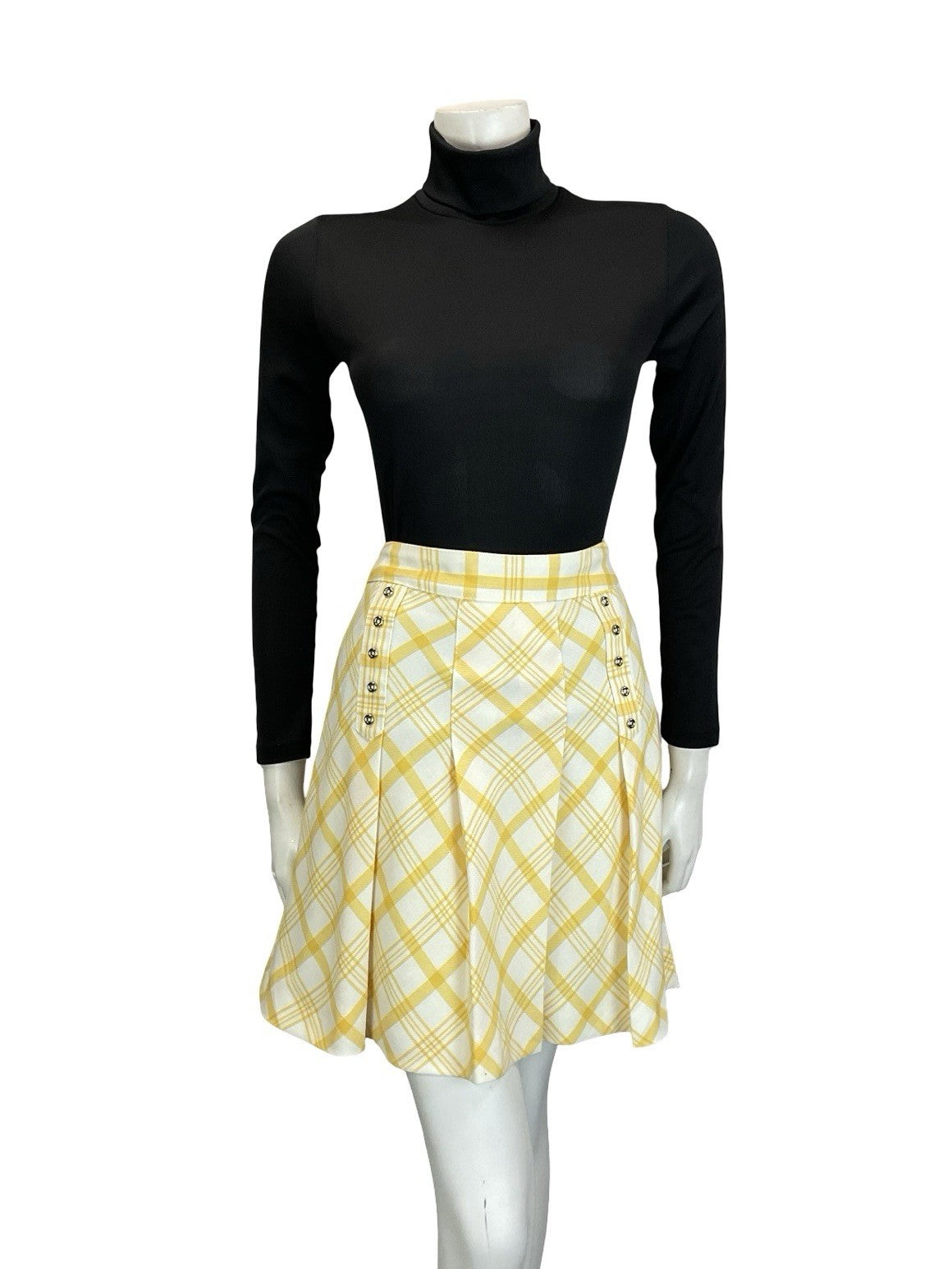 VTG 60S 70S WHITE YELLOW PLEATED SILVER DOUBLE BREAST SECRETARY MINI SKIRT 10