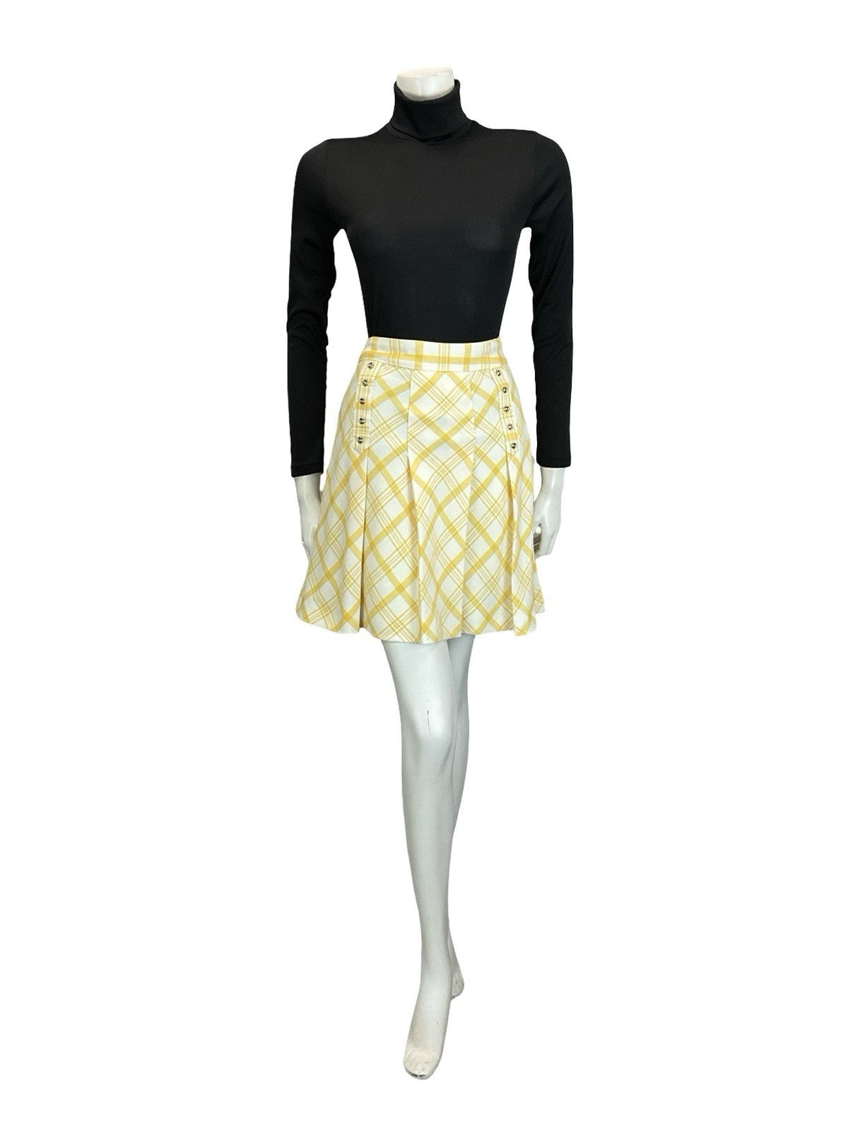 VTG 60S 70S WHITE YELLOW PLEATED SILVER DOUBLE BREAST SECRETARY MINI SKIRT 10