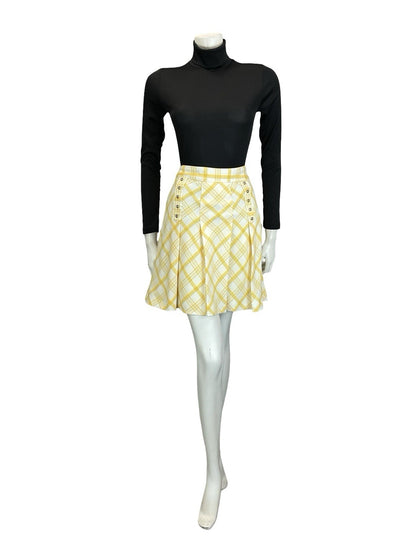VTG 60S 70S WHITE YELLOW PLEATED SILVER DOUBLE BREAST SECRETARY MINI SKIRT 10