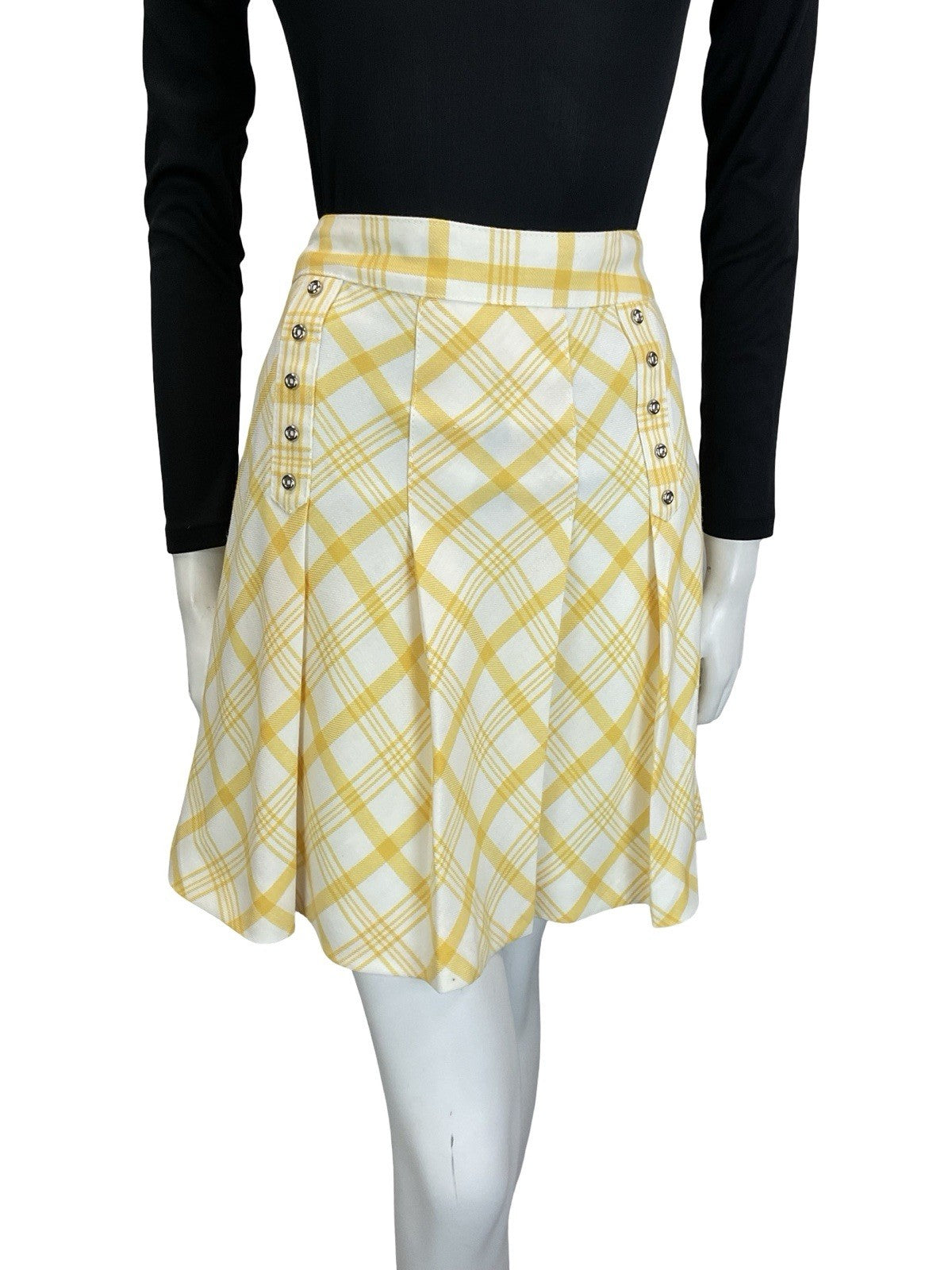 VTG 60S 70S WHITE YELLOW PLEATED SILVER DOUBLE BREAST SECRETARY MINI SKIRT 10