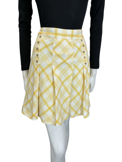 VTG 60S 70S WHITE YELLOW PLEATED SILVER DOUBLE BREAST SECRETARY MINI SKIRT 10