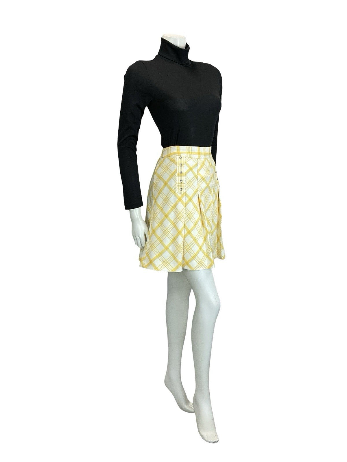 VTG 60S 70S WHITE YELLOW PLEATED SILVER DOUBLE BREAST SECRETARY MINI SKIRT 10