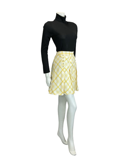 VTG 60S 70S WHITE YELLOW PLEATED SILVER DOUBLE BREAST SECRETARY MINI SKIRT 10
