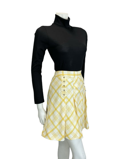 VTG 60S 70S WHITE YELLOW PLEATED SILVER DOUBLE BREAST SECRETARY MINI SKIRT 10