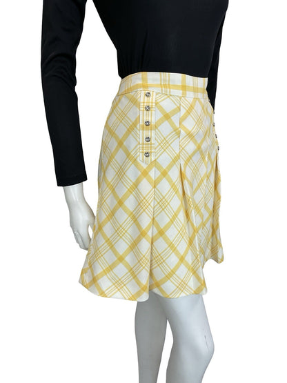 VTG 60S 70S WHITE YELLOW PLEATED SILVER DOUBLE BREAST SECRETARY MINI SKIRT 10