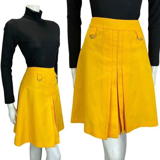 VTG 60S 70S BRIGHT YELLOW D RING PLEATED MOD PREPPY MINI SKIRT 0