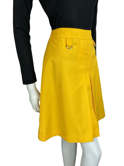 VTG 60S 70S BRIGHT YELLOW D RING PLEATED MOD PREPPY MINI SKIRT 0