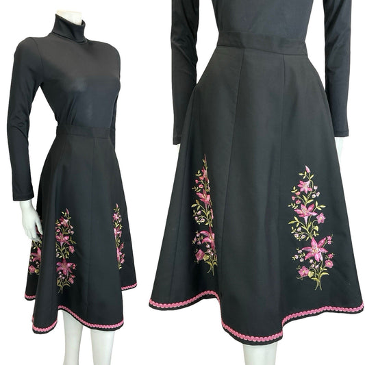 VTG 60S 70S BLACK PINK PURPLE GREEN FLORAL FOLK EMBROIDERED CIRCLE MIDI SKIRT 8