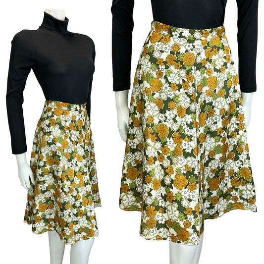 VTG 60S 70S WHITE BEIGE GREEN HAWAIIAN TROPICAL FLORAL CIRCLE MIDI SKIRT 4