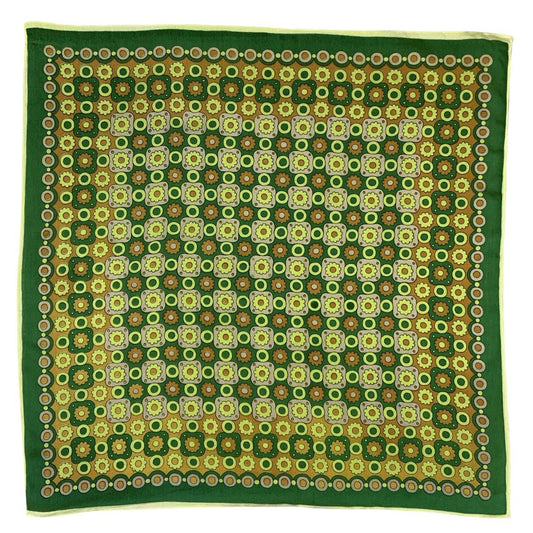 VTG 60S 70S GREEN YELLOW ORANGE DAISY FLORAL GEOMETRIC DOT CIRCLE TILED SCARF