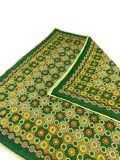 VTG 60S 70S GREEN YELLOW ORANGE DAISY FLORAL GEOMETRIC DOT CIRCLE TILED SCARF